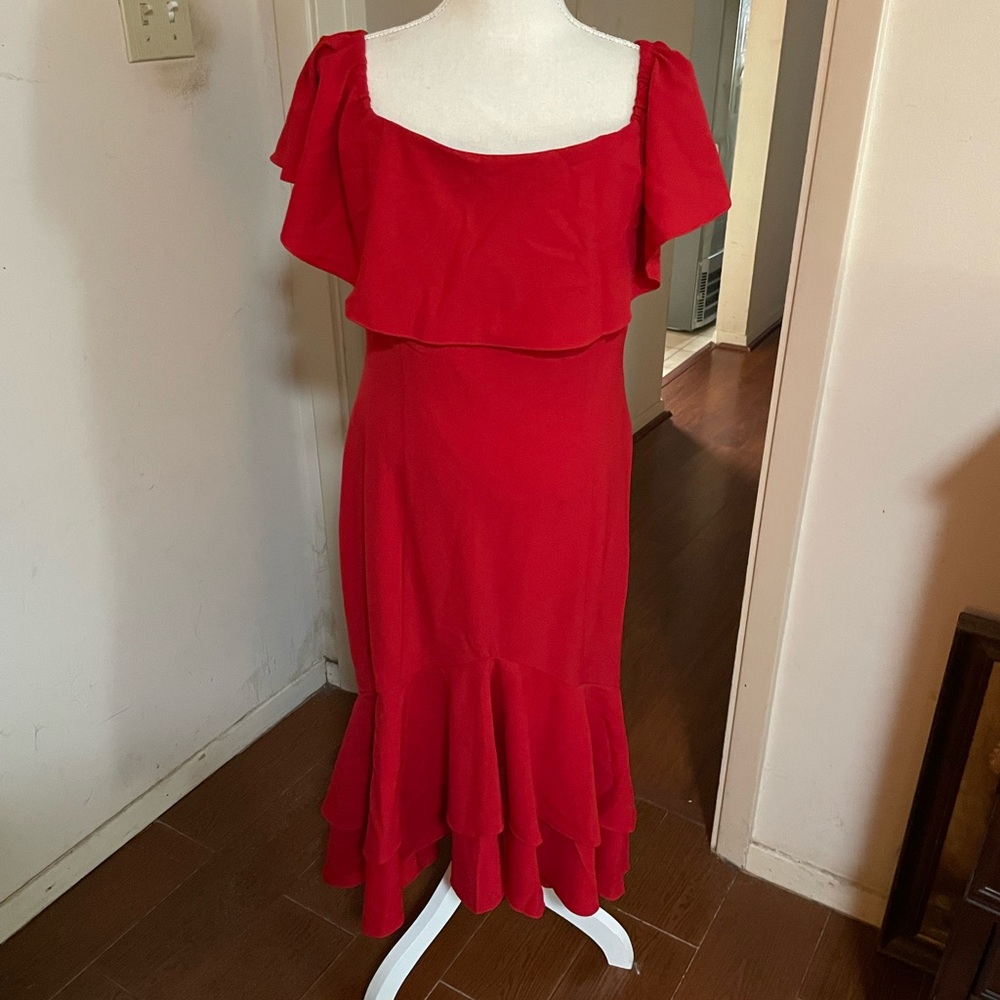 Boston Proper Red Midi Dress Size 12 on off shoulder ruffles spandex stretch - Picture 5 of 16